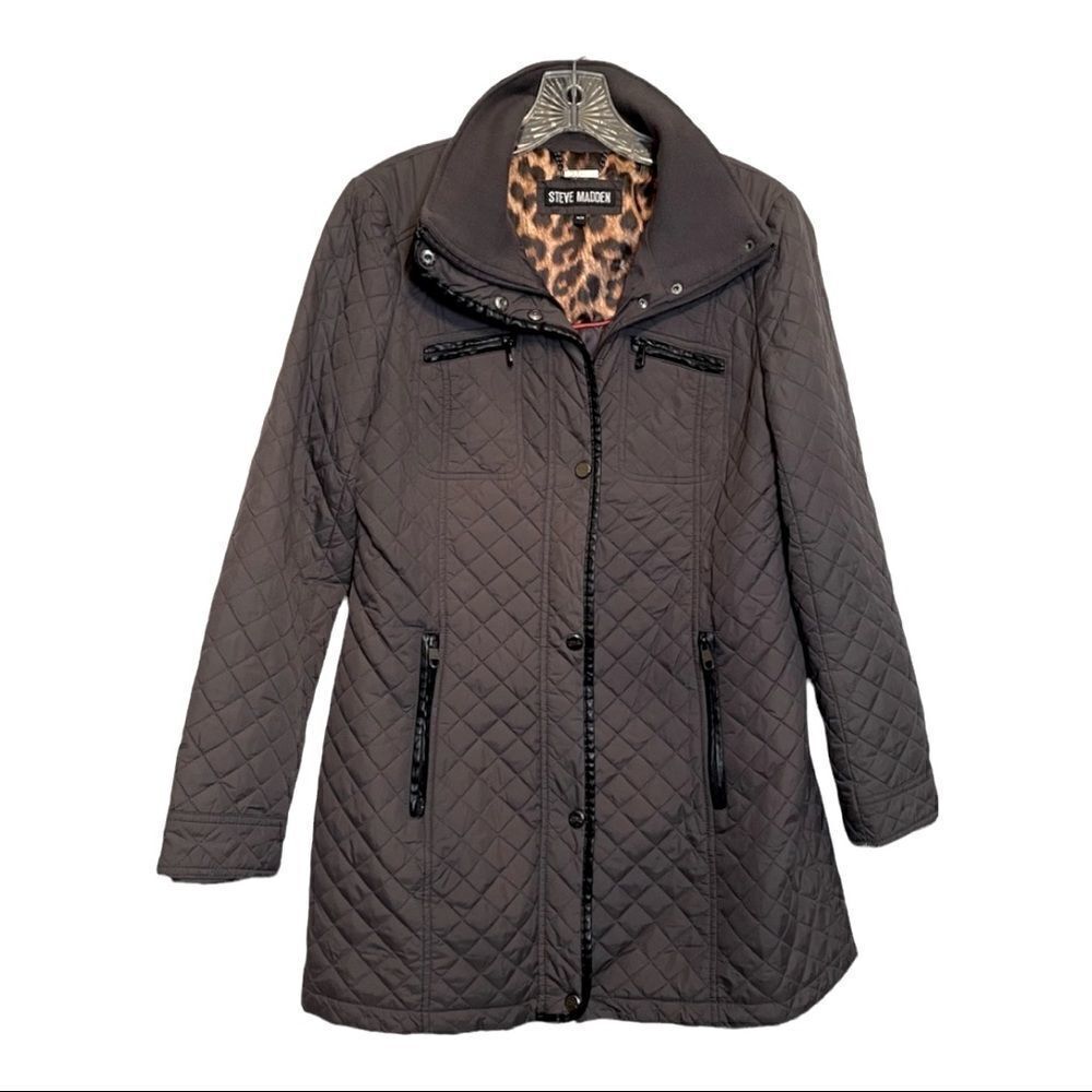 STEVE Madden Quilted Coat Gray Leopard Lining Zip Knee Length Womens M